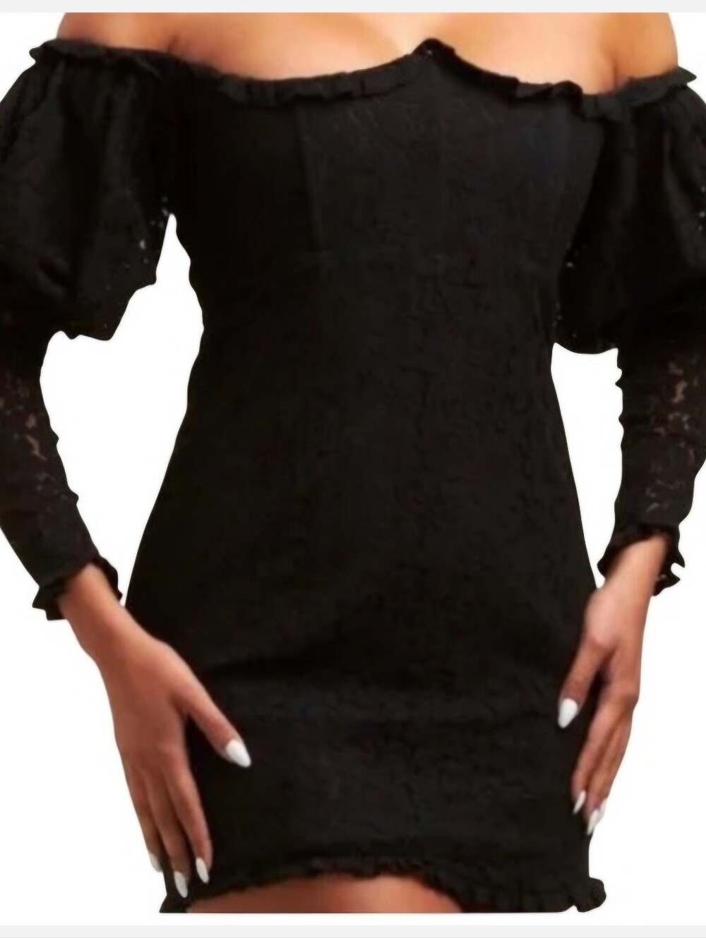 New Luxxel Black Lace Off Shoulder Puff-Sleeve Mini Dress Size M Coquette Goth